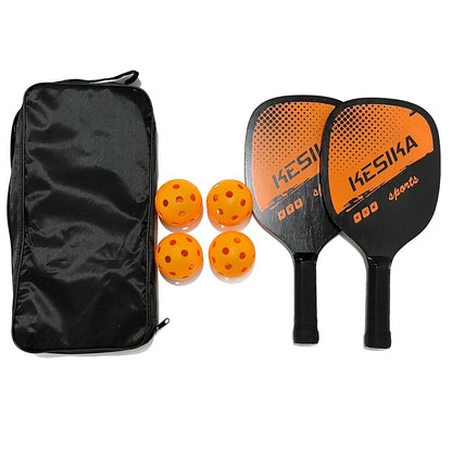 Wooden pickleball paddle kit with balls and a bag.