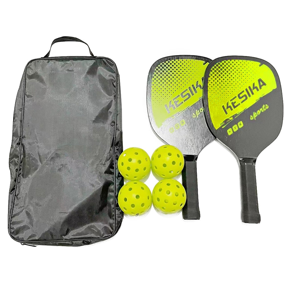 Wooden pickleball paddle kit with balls and a bag.