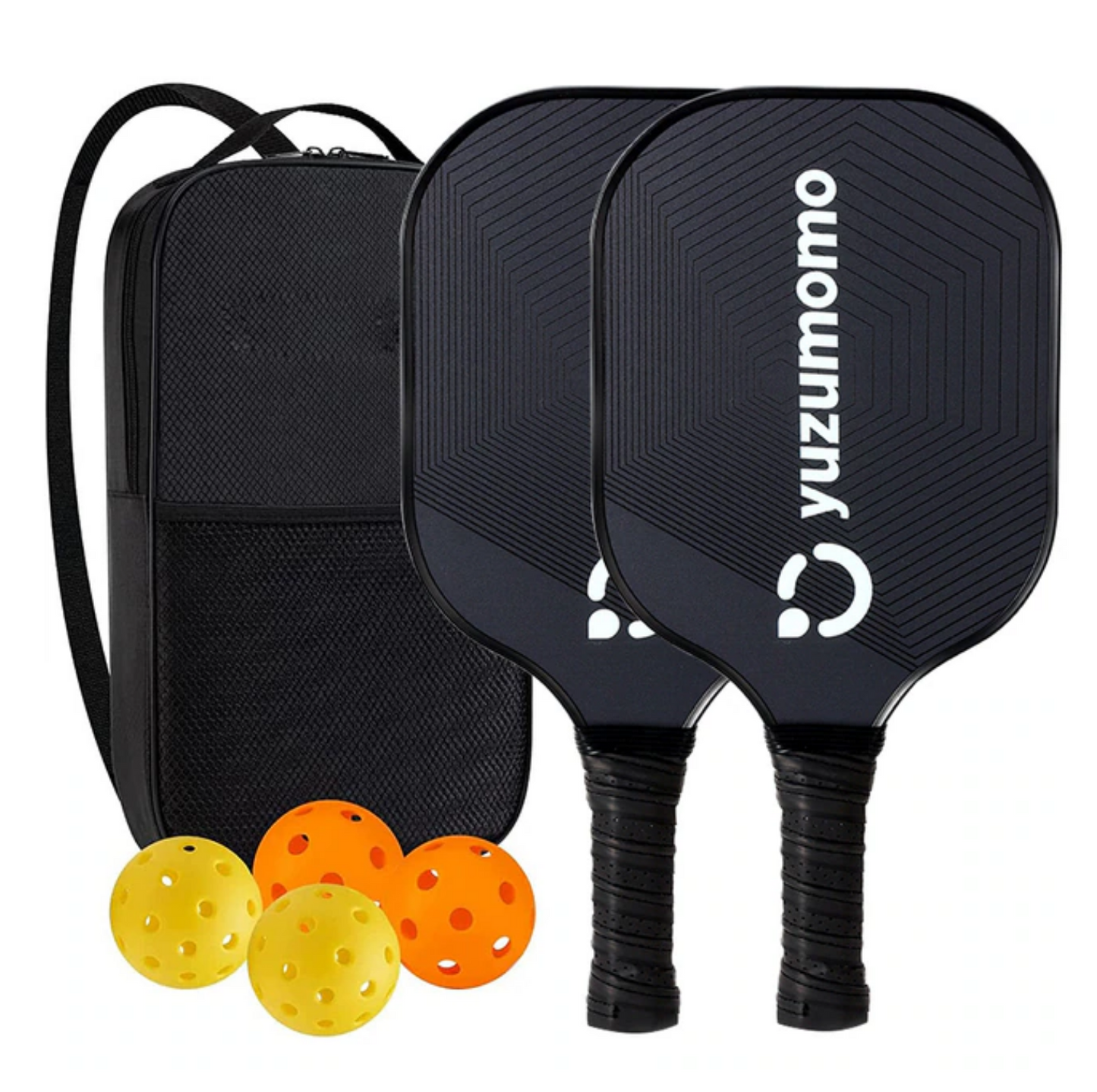 Pickleball paddle kit with balls and a bag.